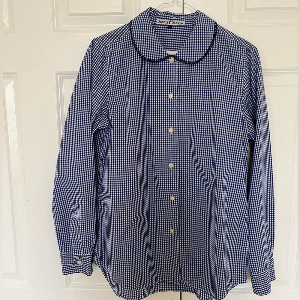 Jupe by Jackie Button Down Shirt Blue Gingham Peter Pan Collar